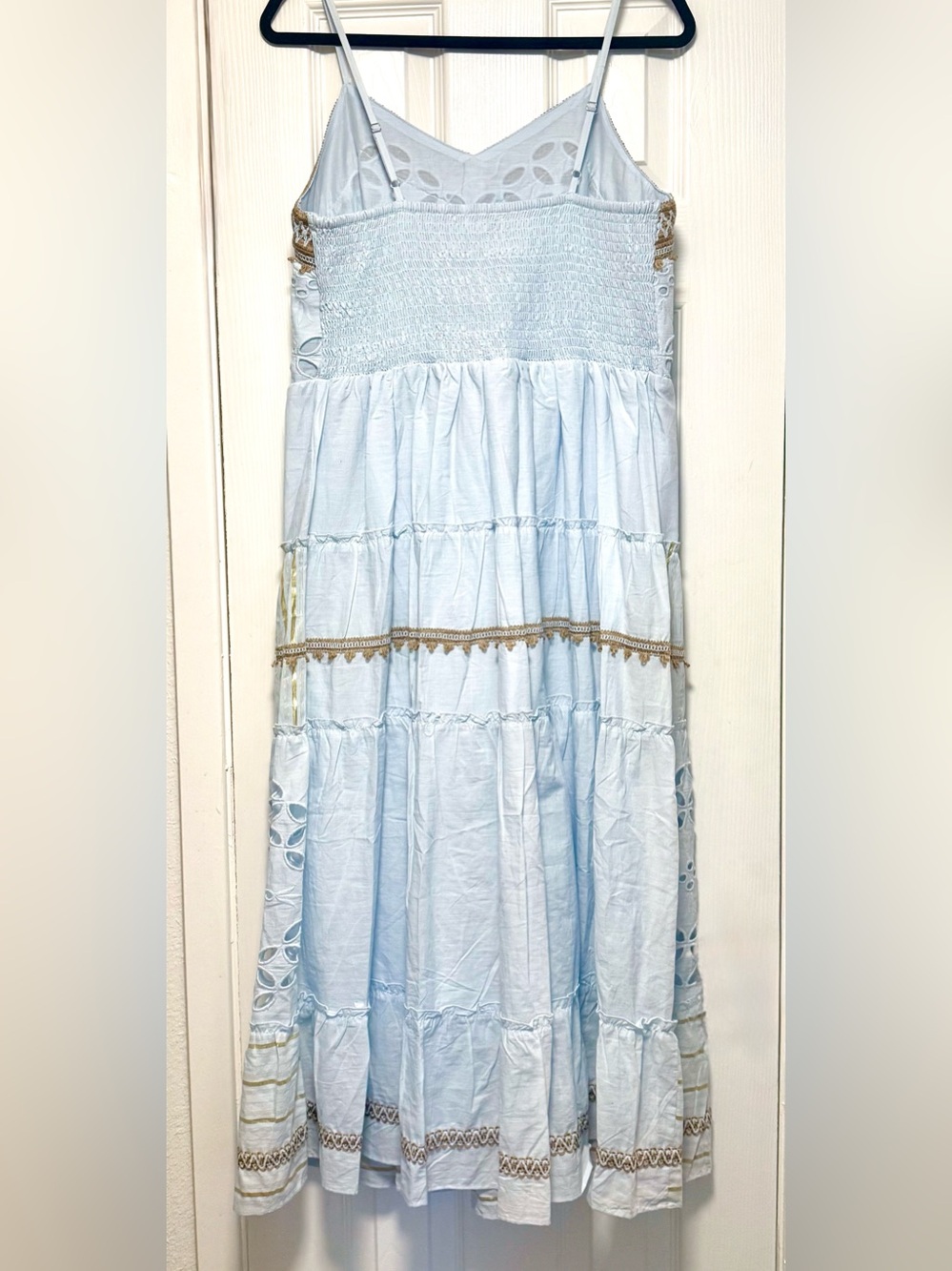 Light Blue Eyelet Midi Dress with Tan Trim - Picture 8 of 12